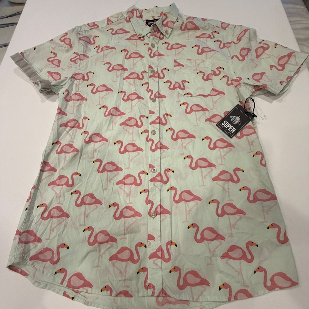 Super Massive Mens Large Flamingo Print Short Sleeve Button Down Shirt Mint Pink